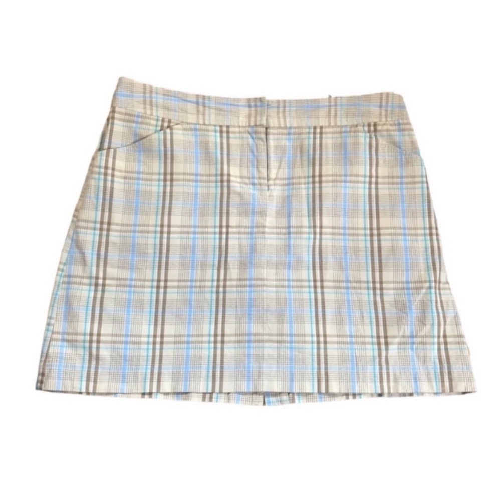Izod Stretch Plaid Golf Skort Tan & Blue Preppy Academia Sporty Active Size 10